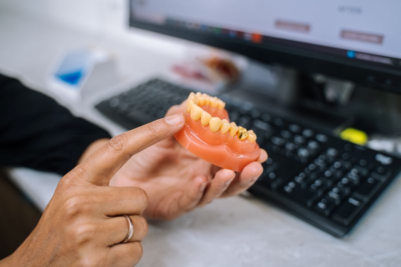 Dentist demonstrating a dental model showing veneers and tooth restoration options at a Wetherill Park clinic.