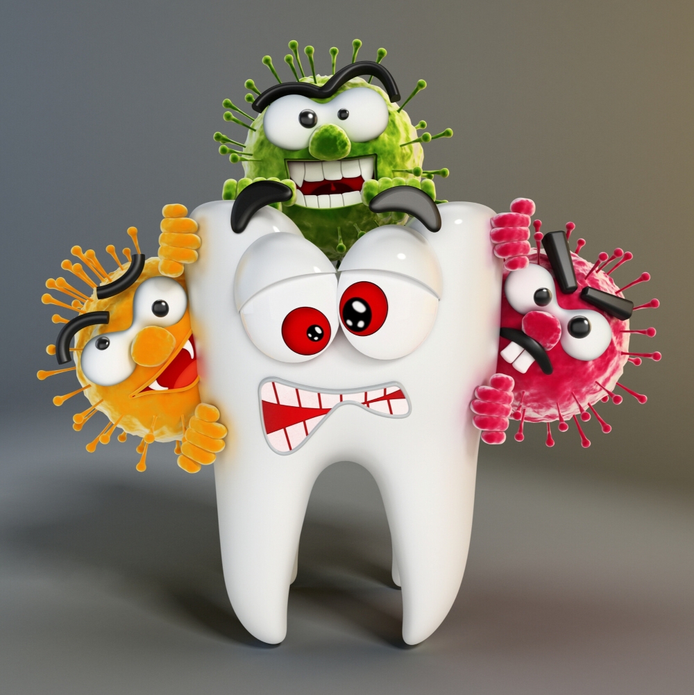 service-kids-dentistry-dentist-wetherill-park Cartoon tooth attacked by colourful bacteria – representing children’s tooth decay and dental hygiene care at Kids Dentistry Wetherill Park.