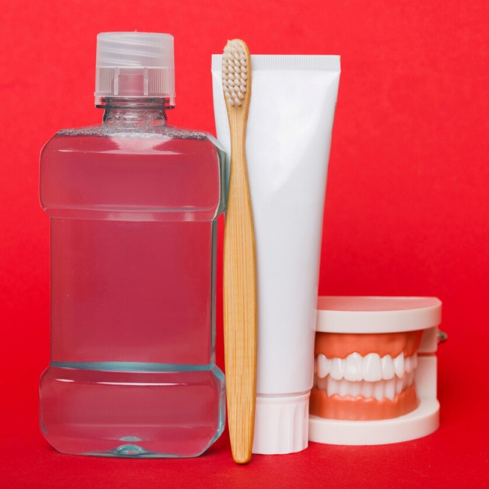 Oral hygiene instruction in Wetherill Park – toothbrush, toothpaste, mouthwash, and dental model for healthy teeth and gums.