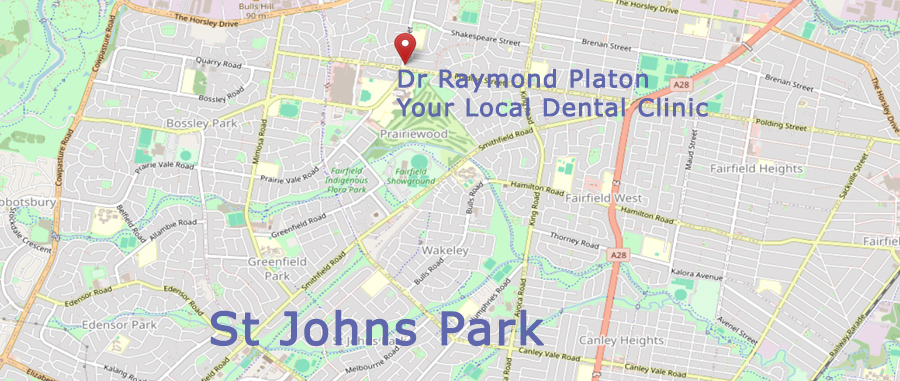 Map showing Dr Raymond Platon's dental clinic is located near St Johns Park.