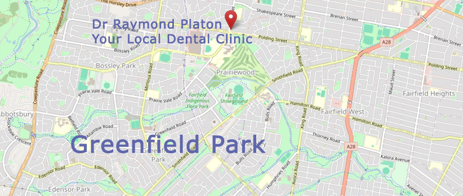 Map showing Dr Raymond Platon's dental clinic is located near Greenfield Park
