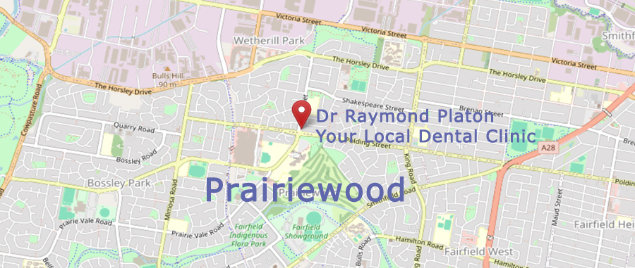 Map showing Dr Raymond Platon's dental clinic is located near Prairiewood.