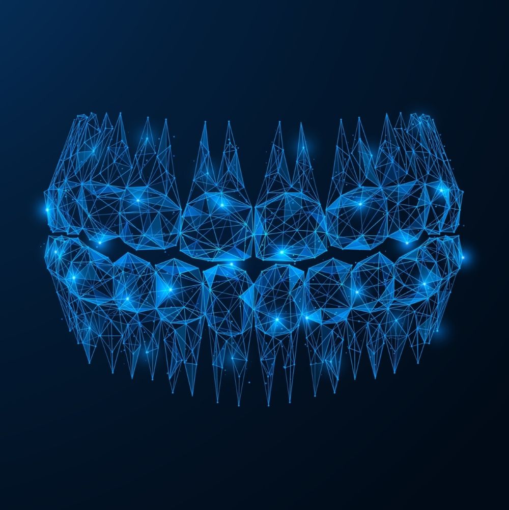 3D digital illustration of human teeth using blue laser and network lines – representing advanced dental technology in Wetherill Park.