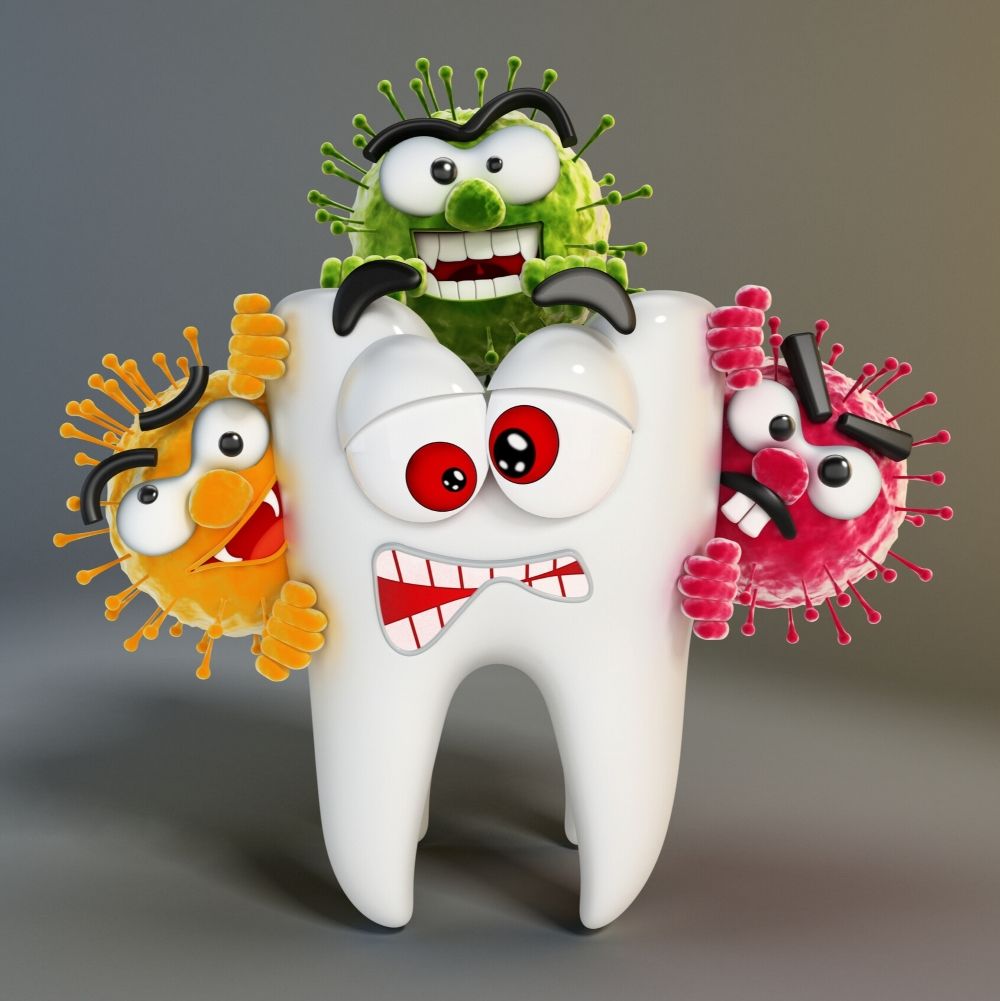 Cartoon tooth attacked by colourful bacteria – representing children’s tooth decay and dental hygiene care at Kids Dentistry Wetherill Park.