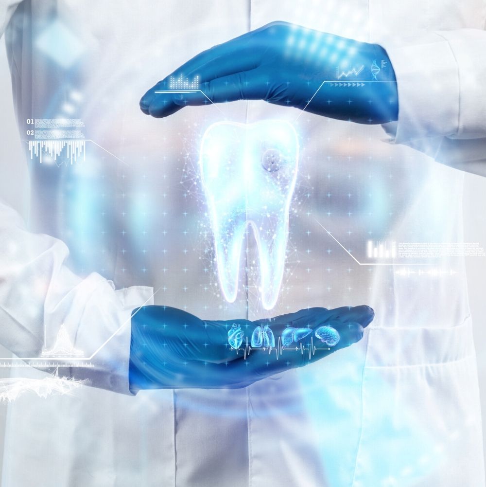 Digital dental care concept showing a dentist protecting a 3D holographic tooth with blue gloves – Dental Check Up and Clean Wetherill Park.