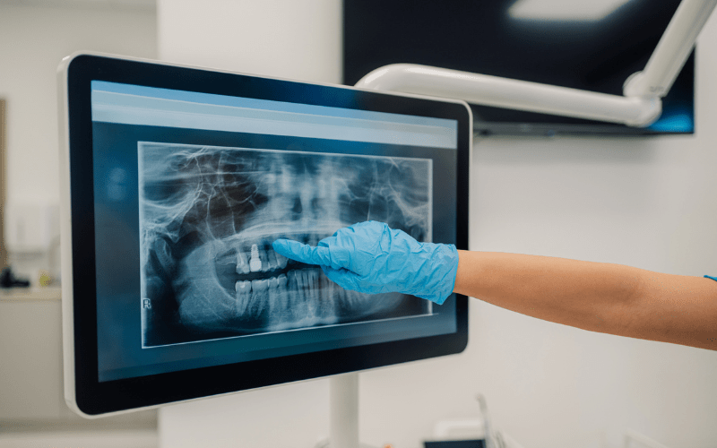 Dentist explaining dental X-ray findings during a consultation in Wetherill Park
