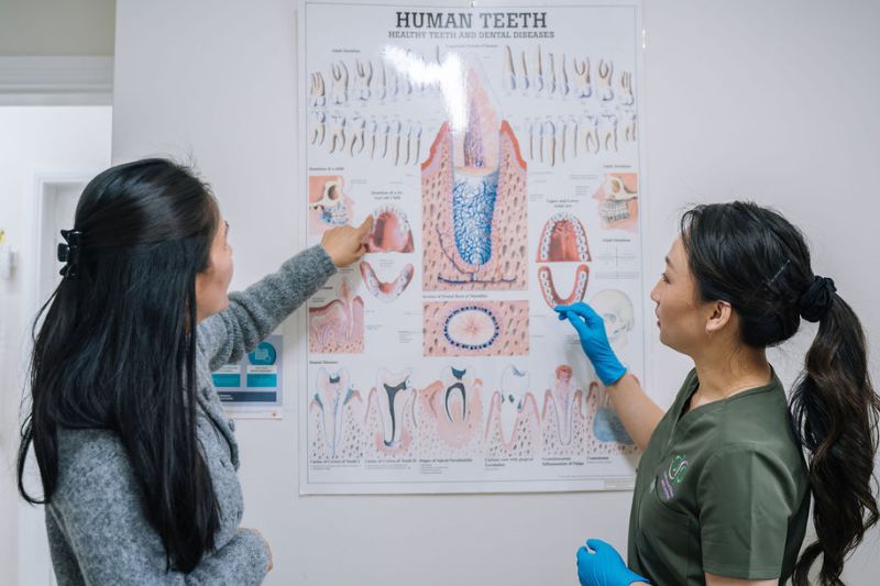 Caroline Nguyen Oral Health Therapist discussing jaw pain and oral health with patient in Wetherill Park