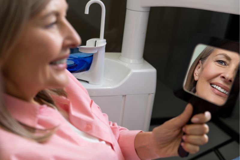 Woman checking healthy natural smile after dental care in Wetherill Park