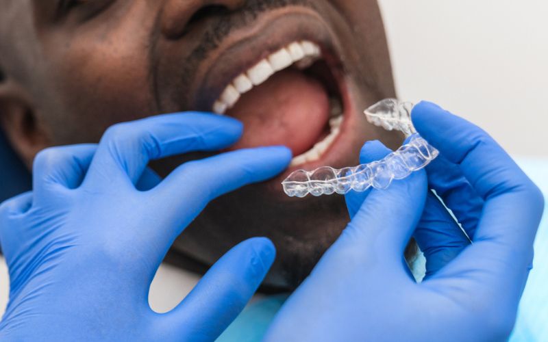 Dental professional checking a clear retainer after teeth have shifted