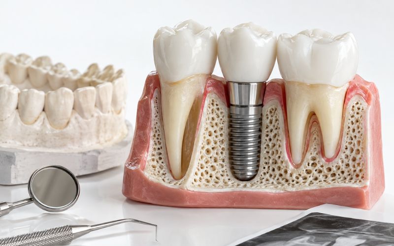 Dental implant in jawbone showing factors that may affect single tooth implant cost