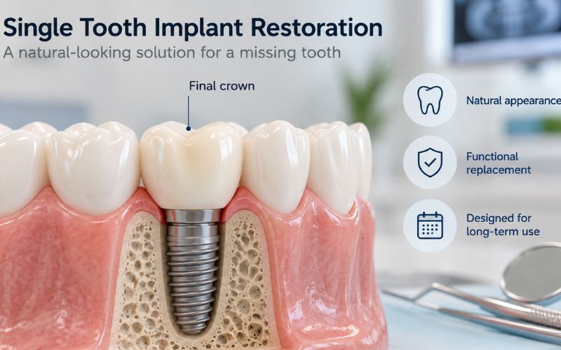 Single tooth implant restoration with crown, abutment and implant fixture in the jaw