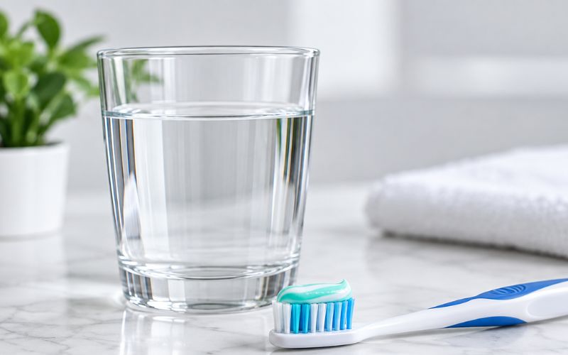 Toothbrush and glass of water for oral care after acidic food and drinks